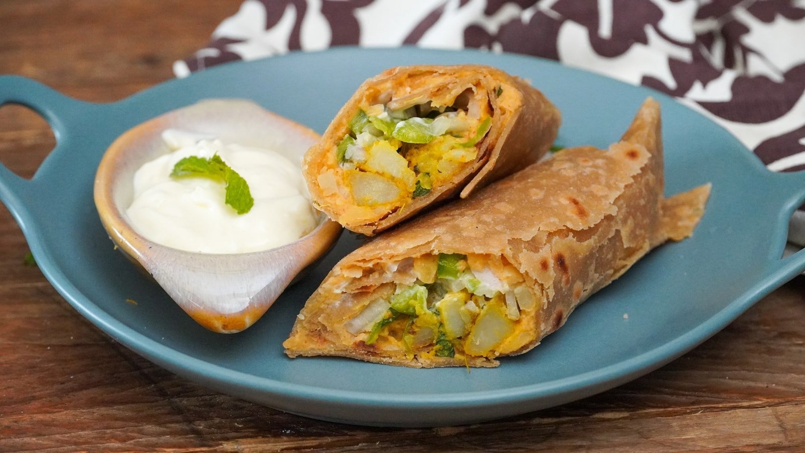Achari Aloo Kathi Roll with Hummus and Yogurt Dip