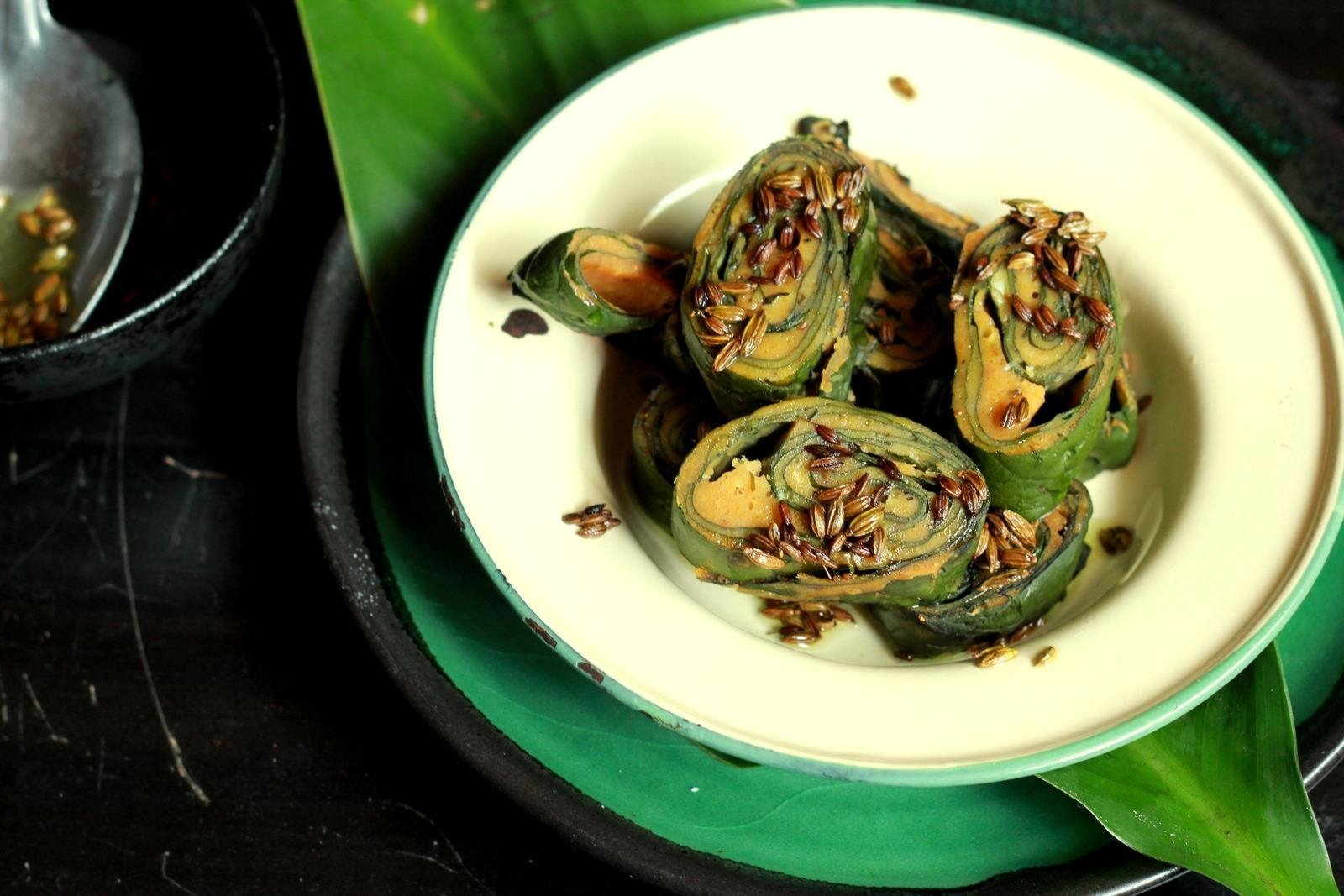 Maharashtrian Alu Vadi with Colocasia Leaves