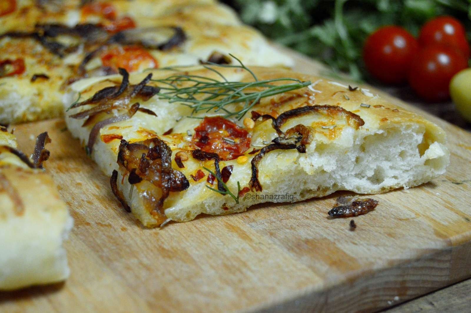 Focaccia with Cherry Tomatoes and Caramelised Onion