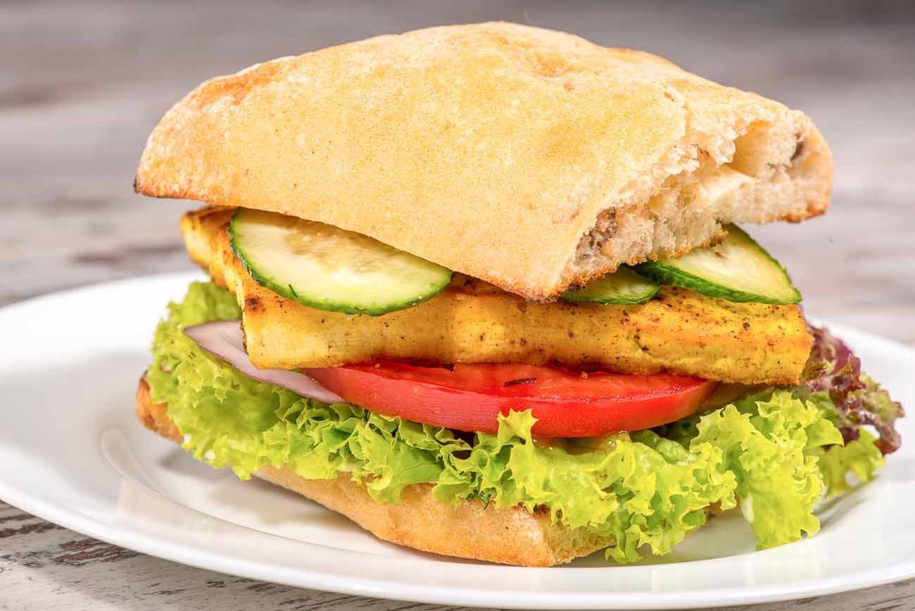 Grilled Tofu, Lettuce and Spinach Sandwich