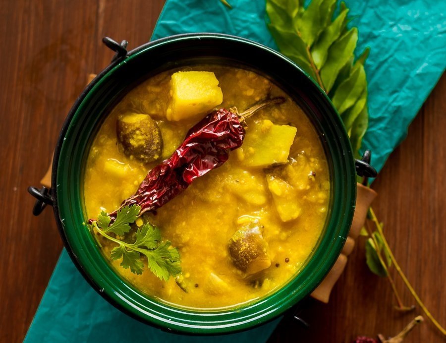 Brinjal and Potato Pachadi with Moong Dal