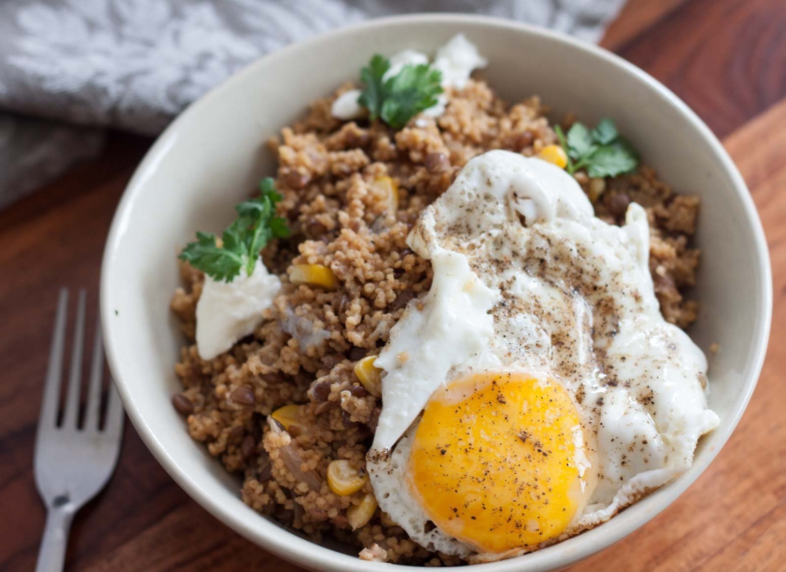Lebanese-Style Caramelized Onion Millet Pilaf with Fried Egg