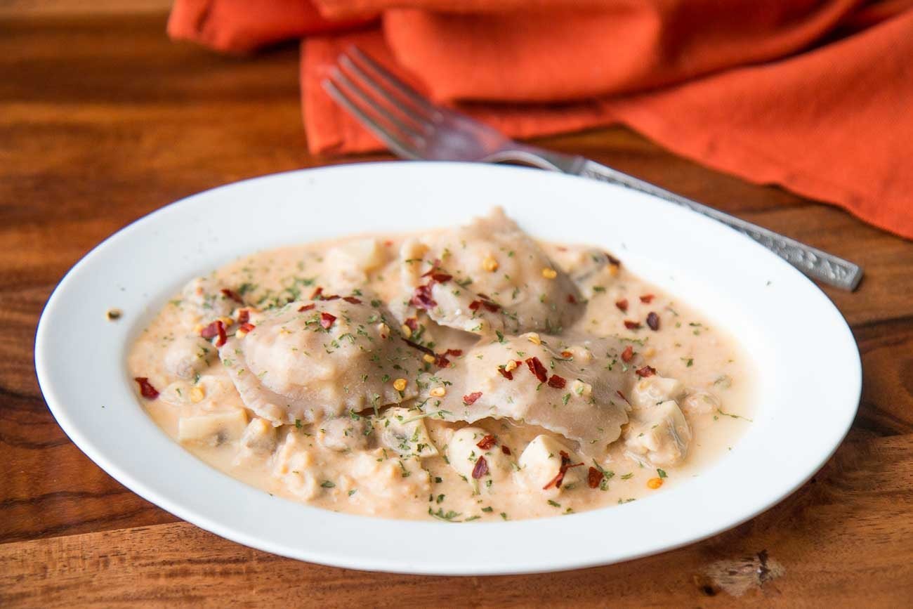 Whole Wheat Ravioli with Paneer and Mushroom-Oat Sauce